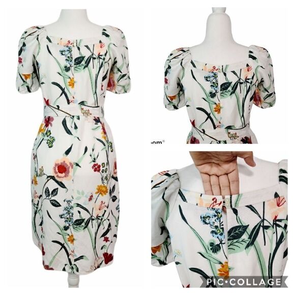 LOFT White Multicolor Floral Puff Sleeve Tent Linen Dress Size 0P Tie Waist - Picture 9 of 12